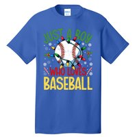 Just A Who Loves Baseball Christmas Lights Snowflakes Meaningful Gift Tall T-Shirt