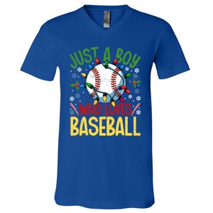 Just A Who Loves Baseball Christmas Lights Snowflakes Meaningful Gift V-Neck T-Shirt