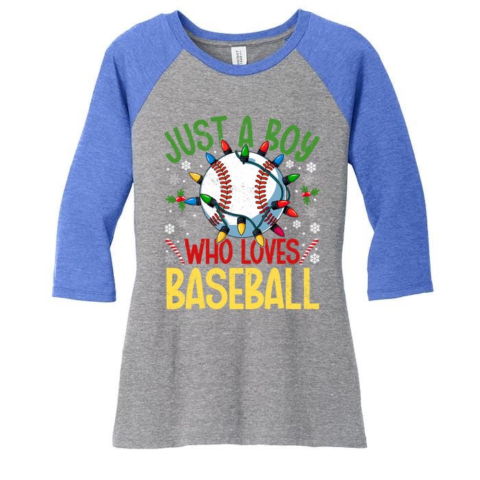 Just A Who Loves Baseball Christmas Lights Snowflakes Meaningful Gift Women's Tri-Blend 3/4-Sleeve Raglan Shirt