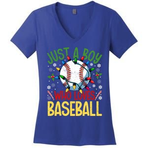 Just A Who Loves Baseball Christmas Lights Snowflakes Meaningful Gift Women's V-Neck T-Shirt