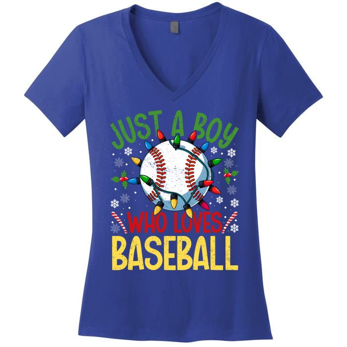 Just A Who Loves Baseball Christmas Lights Snowflakes Meaningful Gift Women's V-Neck T-Shirt