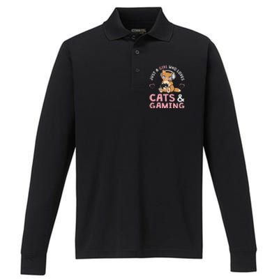 Just A  Who Loves Cats And Gaming Cute Gamer Cat Performance Long Sleeve Polo