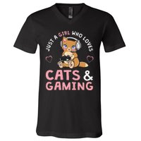 Just A  Who Loves Cats And Gaming Cute Gamer Cat V-Neck T-Shirt