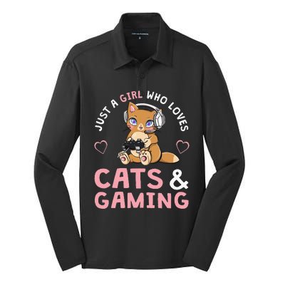 Just A  Who Loves Cats And Gaming Cute Gamer Cat Silk Touch Performance Long Sleeve Polo