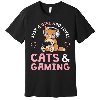 Just A  Who Loves Cats And Gaming Cute Gamer Cat Premium T-Shirt