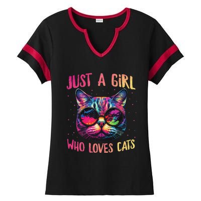 Just A  Who Loves Cats Colorful Cat Watercolor Ladies Halftime Notch Neck Tee