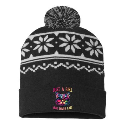 Just A  Who Loves Cats Colorful Cat Watercolor USA-Made Snowflake Beanie