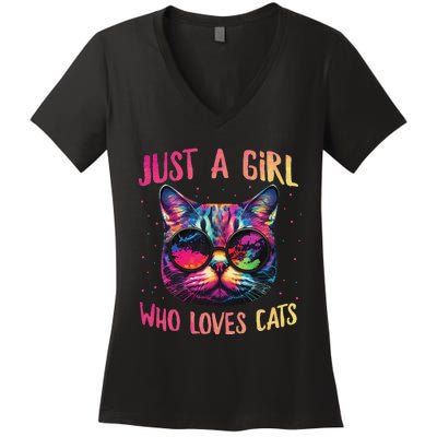 Just A  Who Loves Cats Colorful Cat Watercolor Women's V-Neck T-Shirt