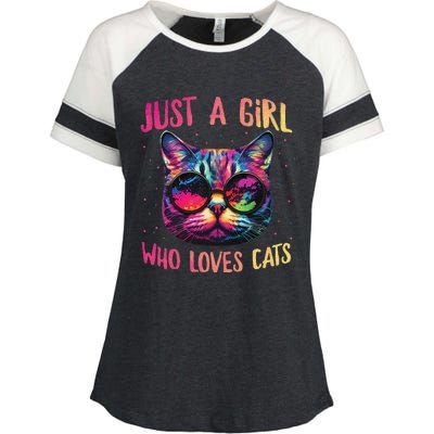 Just A  Who Loves Cats Colorful Cat Watercolor Enza Ladies Jersey Colorblock Tee