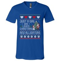 Just A Who Loves Christmas And Alligators Ugly Sweater Gift V-Neck T-Shirt