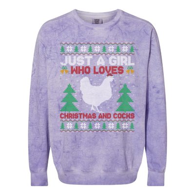 Just A Who Loves Christmas And Cocks Chicken Christmas Funny Gift Colorblast Crewneck Sweatshirt