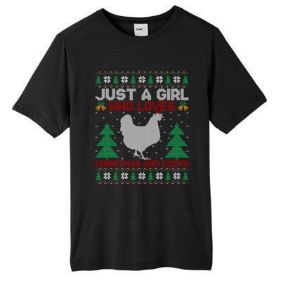 Just A Who Loves Christmas And Cocks Chicken Christmas Funny Gift Tall Fusion ChromaSoft Performance T-Shirt