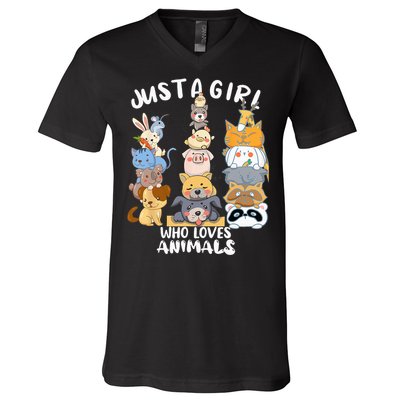 Just A Who Loves Animals Dog Cat Horse Cow Giraffe Bird V-Neck T-Shirt