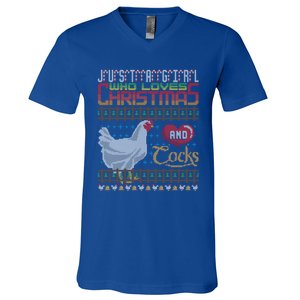 Just A Who Loves Christmas And Cocks Chicken Farmer Cute Gift V-Neck T-Shirt