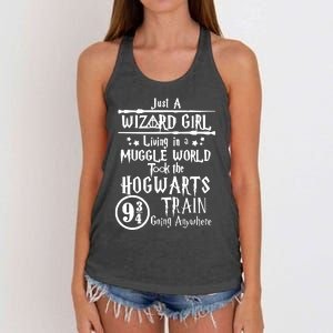 Just A Wizard Girl Living In A Muggle World Took The Hogwarts Train Going Women's Knotted Racerback Tank