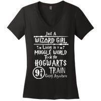 Just A Wizard Girl Living In A Muggle World Took The Hogwarts Train Going Women's V-Neck T-Shirt