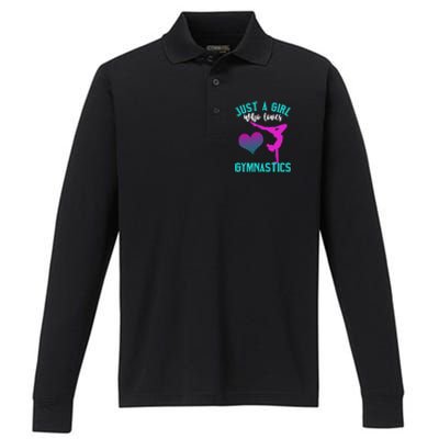 Just A Who Loves Gymnastics Funny Gymnast Quote Graphic Cool Gift Performance Long Sleeve Polo