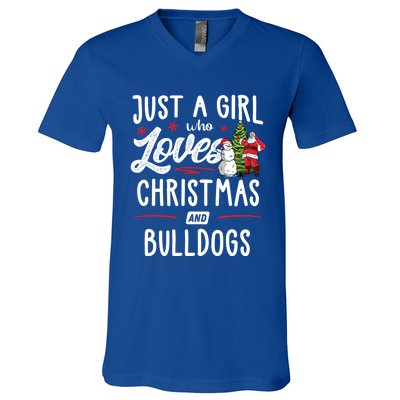 Just A Who Loves Christmas And Bulldogs Gift Funny Gift V-Neck T-Shirt