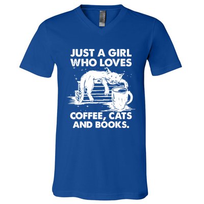 Just A Who Loves Coffee Cats And Books Funny Gift V-Neck T-Shirt