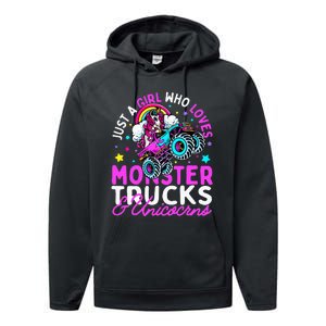 Just a  Who Loves Monster Trucks and Unicornsx Performance Fleece Hoodie