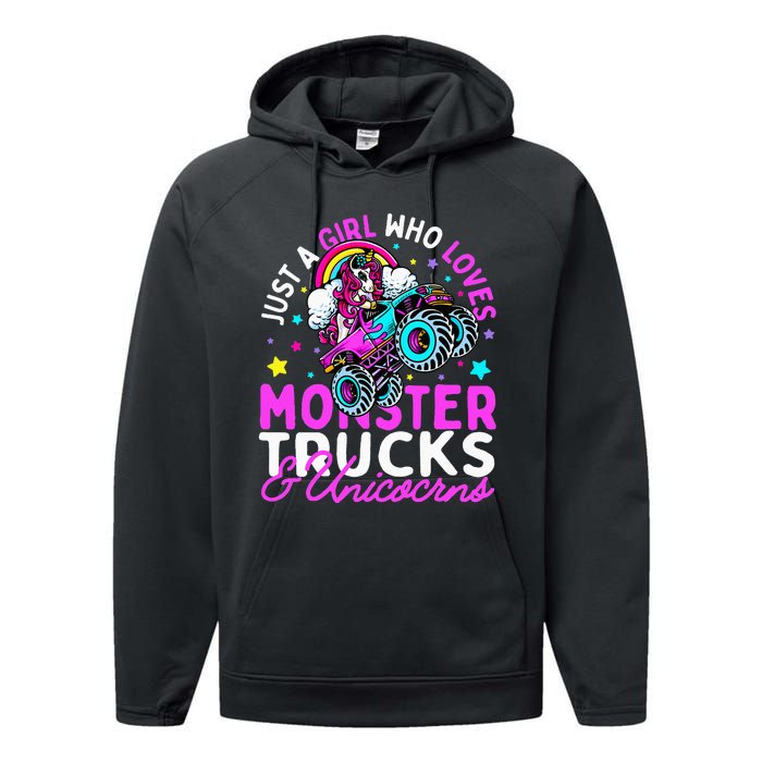 Just a  Who Loves Monster Trucks and Unicornsx Performance Fleece Hoodie