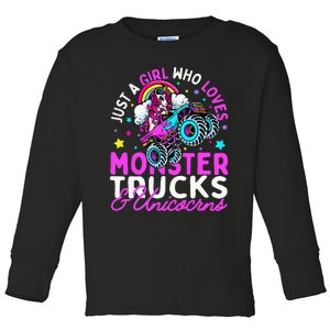 Just a  Who Loves Monster Trucks and Unicornsx Toddler Long Sleeve Shirt