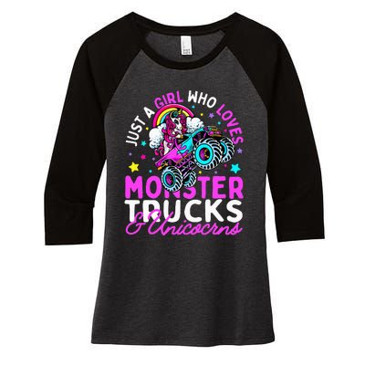 Just a  Who Loves Monster Trucks and Unicornsx Women's Tri-Blend 3/4-Sleeve Raglan Shirt