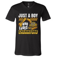 Just A Who Loves Excavators Construction Vehicle Funny V-Neck T-Shirt