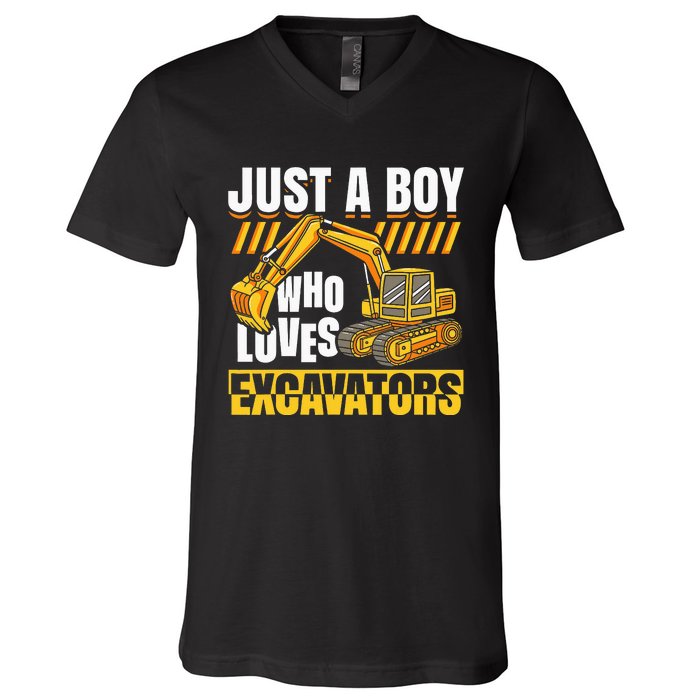 Just A Who Loves Excavators Construction Vehicle Funny V-Neck T-Shirt