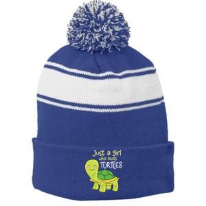 Just A Who Loves Turtles Sea Turtle Gift Stripe Pom Pom Beanie