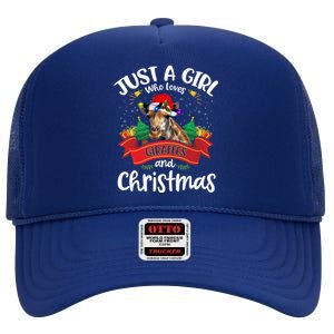 Just A Who Loves Giraffes And Christmas Santa Hat Lights Gift High Crown Mesh Back Trucker Hat