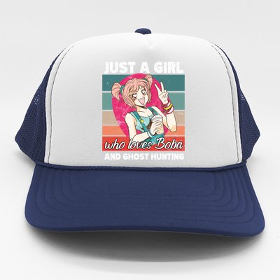 Just A Who Loves Boba And Ghost Hunting Kawaii Gift Trucker Hat