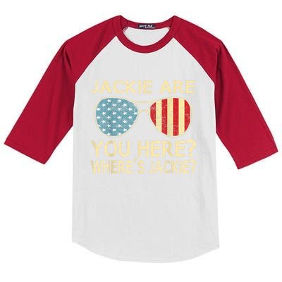 Jackie Are You Here Where's Jackie Funny Saying Kids Colorblock Raglan Jersey