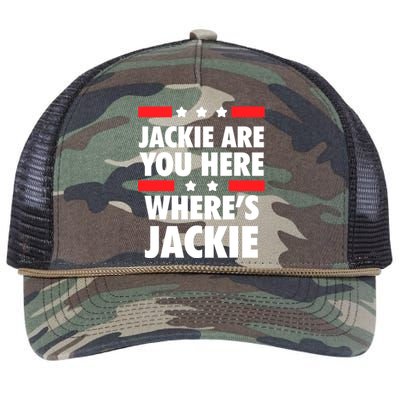 Jackie Are You Here Where's Jackie Biden President Funny Tee Retro Rope Trucker Hat Cap