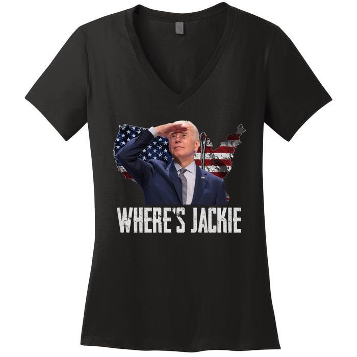 Jackie Are You Here Where's Jackie Funny Anti Joe Biden Women's V-Neck T-Shirt