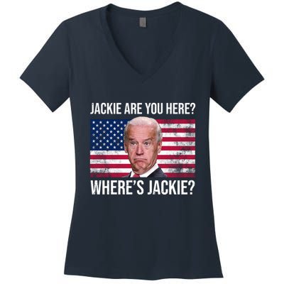 Jackie Are You Here Where's Jackie? Funny Biden Women's V-Neck T-Shirt