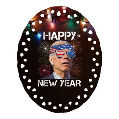 Joe Biden 4th Of July Happy New Year Fireworks Sunglasses Ceramic Oval Ornament