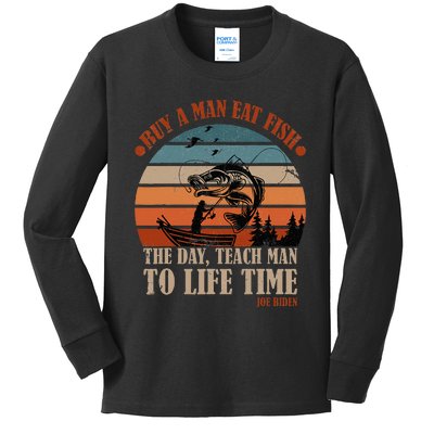 Joe Biden Buy A Man Eat Fish Fishing Retro Vintage Kids Long Sleeve Shirt