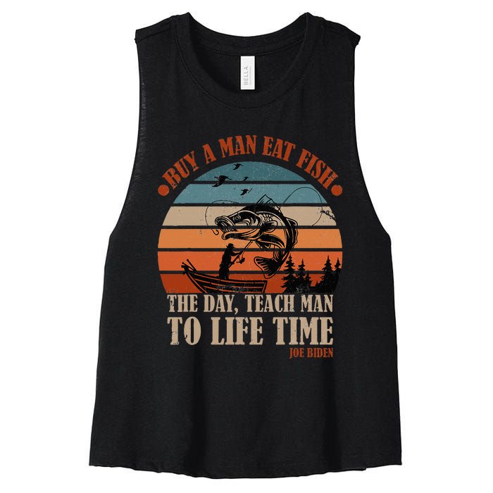 Joe Biden Buy A Man Eat Fish Fishing Retro Vintage Women's Racerback Cropped Tank