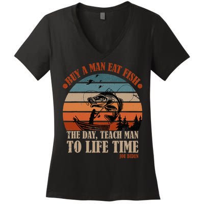 Joe Biden Buy A Man Eat Fish Fishing Retro Vintage Women's V-Neck T-Shirt