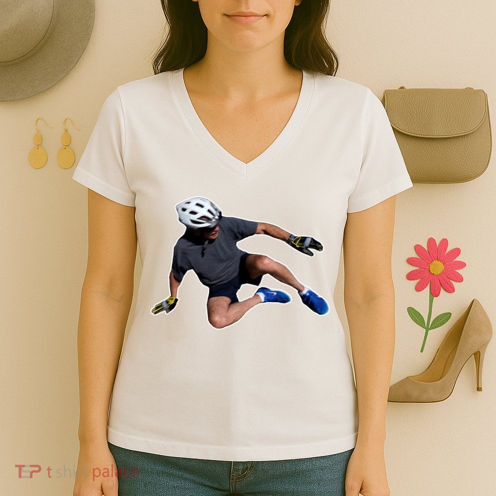 Joe Biden Bicycle Fall Funny Meme Women's V-Neck T-Shirt