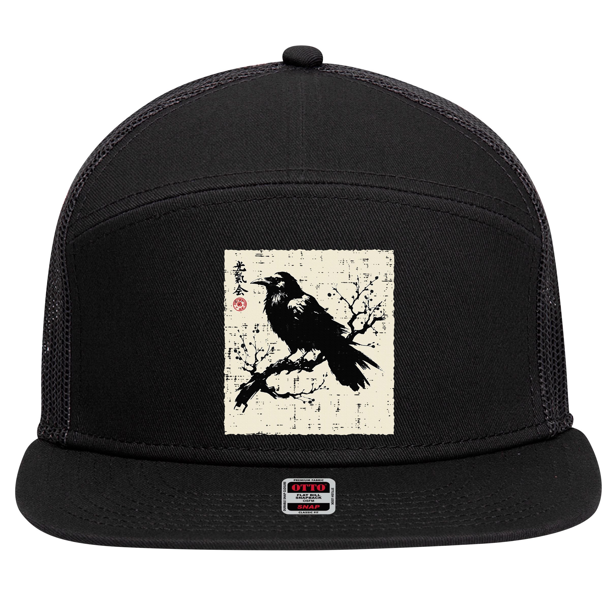 Japanese Bird Black Raven Vintage Crow Art 7 Panel Mesh Trucker Snapback Hat