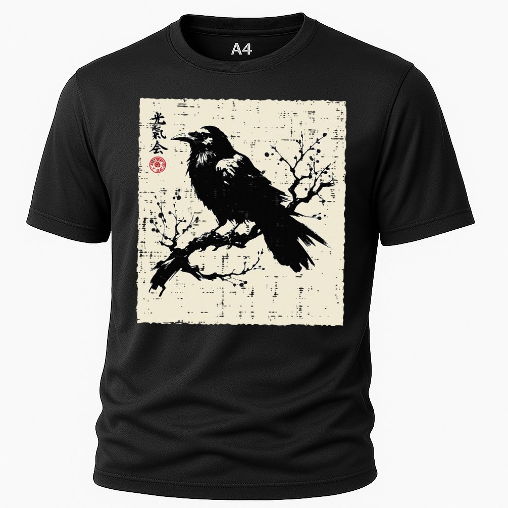 Japanese Bird Black Raven Vintage Crow Art Cooling Performance Crew T-Shirt