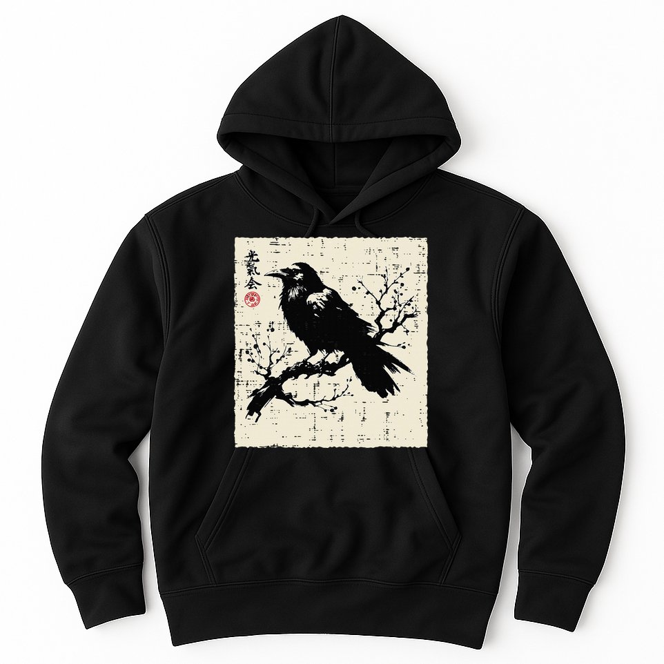 Japanese Bird Black Raven Vintage Crow Art Hoodie