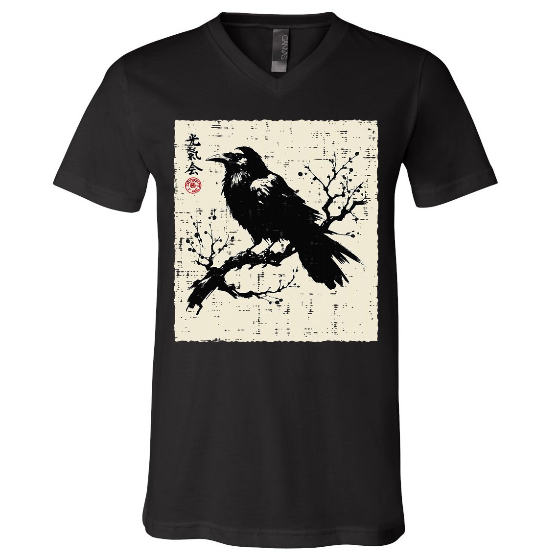 Japanese Bird Black Raven Vintage Crow Art V-Neck T-Shirt