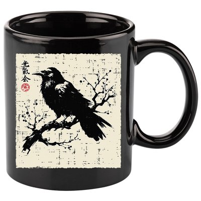 Japanese Bird Black Raven Vintage Crow Art 11oz C Handle Ceramic Mug