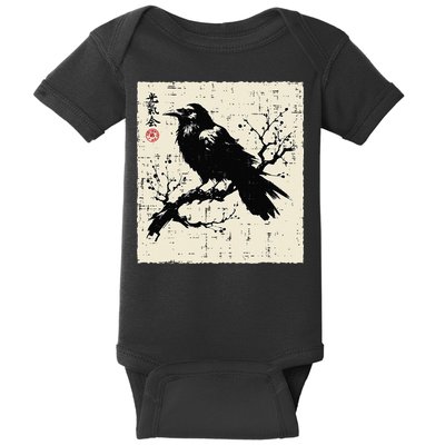 Japanese Bird Black Raven Vintage Crow Art Baby Bodysuit