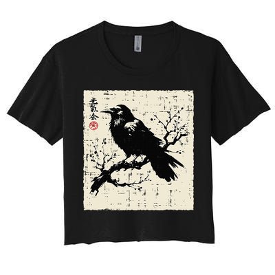Japanese Bird Black Raven Vintage Crow Art Women's Crop Top Tee