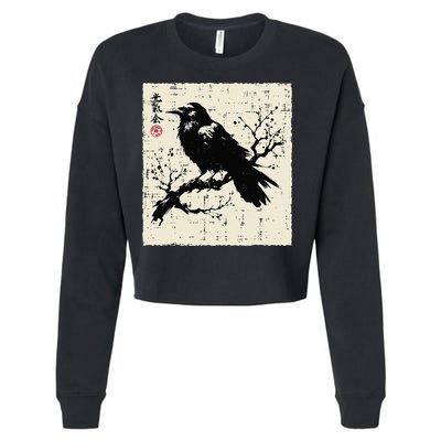 Japanese Bird Black Raven Vintage Crow Art Cropped Pullover Crew