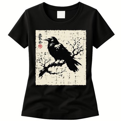Japanese Bird Black Raven Vintage Crow Art Womens T-Shirt
